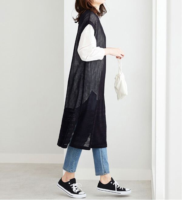 BELLUNA（ベルーナ）の「麻調ニット素材透かし編ロングベスト（ベスト）」｜詳細画像