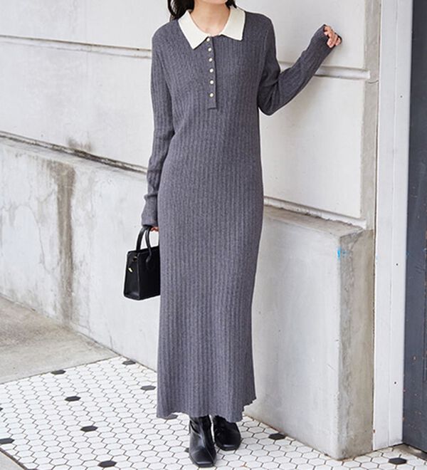 RANAN（ラナン）の「ポロカラーリブニットワンピース（ロングワンピース）」｜詳細画像