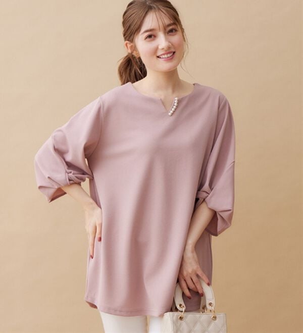 alotta（アロッタ）の「【４つの機能付】パール調ボタン付ねじり袖チュニック（チュニック）」｜ピンク