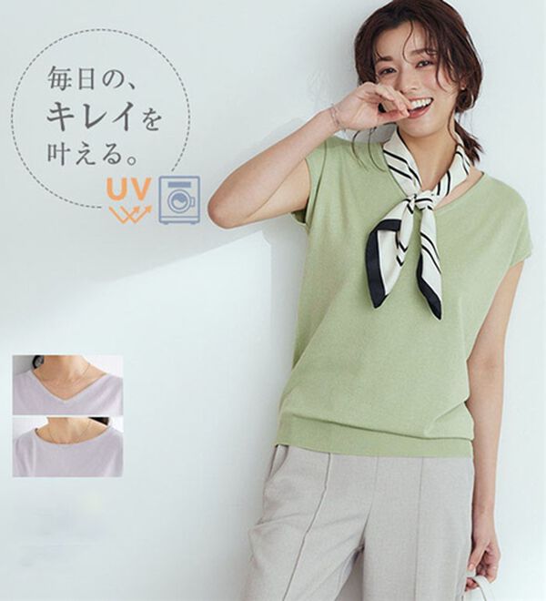 Pierrot（ピエロ）の「【選べる２ネック】シルクタッチフレンチスリーブニット（ニット・セーター）」｜詳細画像