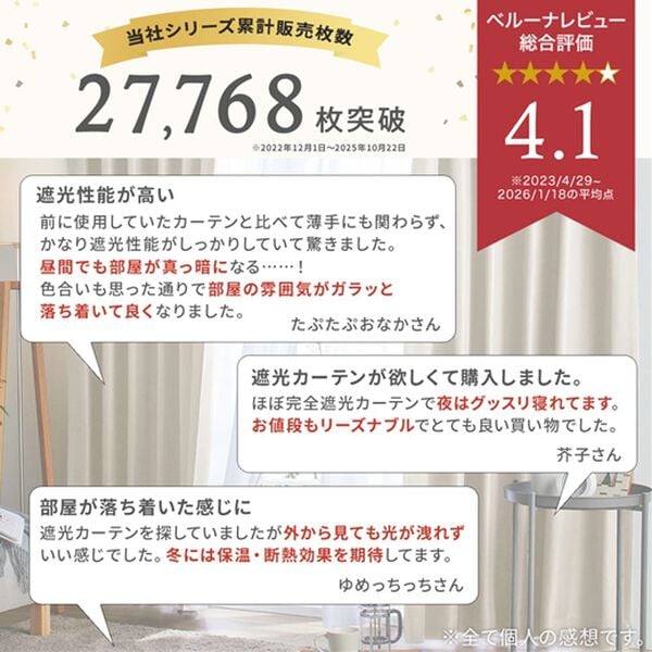 iellio（イエリオ）の「【８日間限定価格】１００％遮光＆防音＆断熱保温ＵＶ見えにくいレース付カーテンセット＜４枚組・遮光１級・無地・洗える・形状記（ドレープカーテン）」｜詳細画像