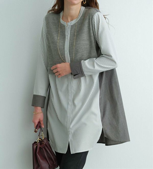 BELLUNA（ベルーナ）の「ストライプ&times;異素材切替シャツチュニック（チュニック）」｜詳細画像