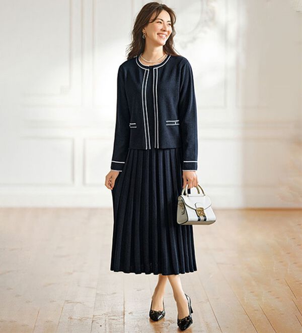 BELLUNA（ベルーナ）の「配色使いニットジャケットワンピースアンサンブル（アンサンブル）」｜ネイビー系