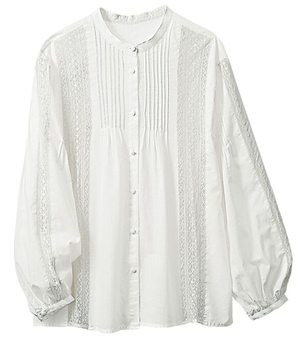 VINNO（ヴィノ）の「綿１００％ピンタック使いレースブラウス（ブラウス）」｜オフホワイト