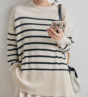 RANAN（ラナン）の「ワイドリブ使いカラーニットチュニック（ニット・セーター）」｜ボーダー（クルーネック）