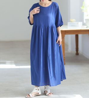 A HAPPY MARILYN（アハッピーマリリン）の「【Ｌ～６Ｌ】【風通るプレミアム】綿　楊柳　五分袖　ウエスト切替ワンピース（カットソーワンピース）」｜ロイヤルブルー