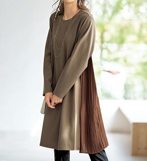 BELLUNA（ベルーナ）の「サイドプリーツ配色切替ワンピース（チュニックワンピース）」｜モカ系