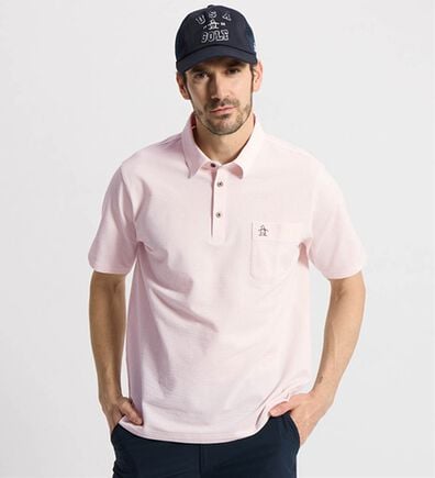 「＜マンシングウェア＞シアサッカーストライプ台襟付き半袖ポロシャツ（メンズポロシャツ）」