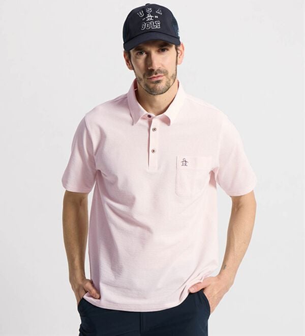 「＜マンシングウェア＞シアサッカーストライプ台襟付き半袖ポロシャツ（メンズポロシャツ）」｜ピンク