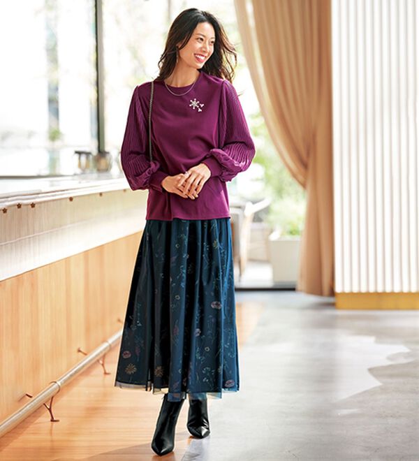 BELLUNA（ベルーナ）の「花柄プリントチュール重ねスカート（ロングスカート）」｜詳細画像