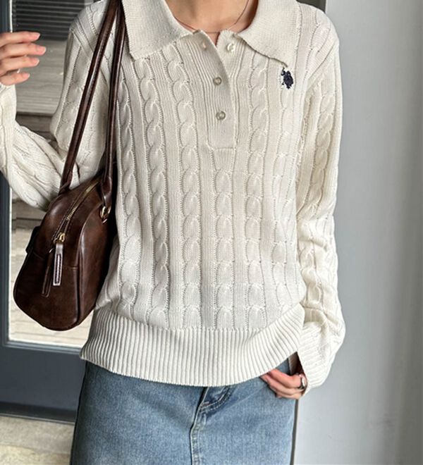 RANAN（ラナン）の「＜Ｕ．Ｓ．Ｐ＞刺繍長袖ケーブルポロニット（ニット・セーター）」｜詳細画像