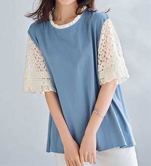 BELLUNA（ベルーナ）の「ヒンヤリ！異素材使いデザインプルオーバー（カットソー）」｜くすみブルー