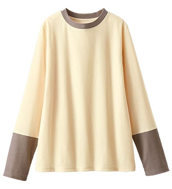 BELLUNA（ベルーナ）の「配色リブ素材クルーネックプルオーバー（カットソー）」｜アイボリー&times;モカ