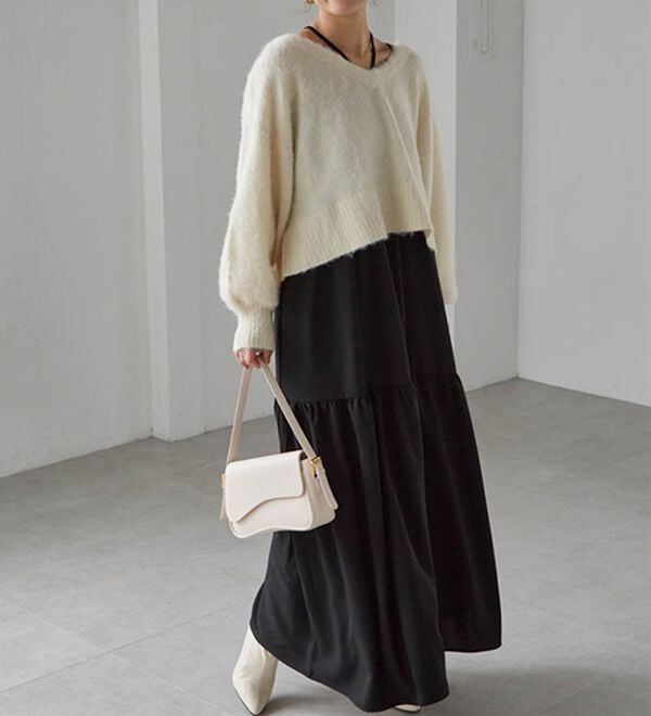 RANAN（ラナン）の「シャギーニット&times;キャミワンピースセット（その他ワンピース）」｜アイボリー／ブラック