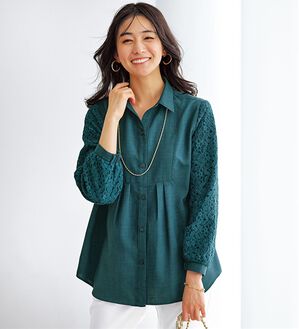 BELLUNA（ベルーナ）の「麻調素材袖レースブラウス（ブラウス）」｜ターコイズ