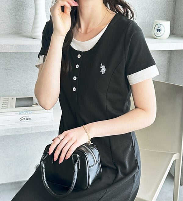 GeeRA（ジーラ）の「【ＵＳ．ＰＯＬＯ．ＡＳＳＮ】レイヤード風ヘンリーネック半袖ワンピース（カットソーワンピース）」｜詳細画像