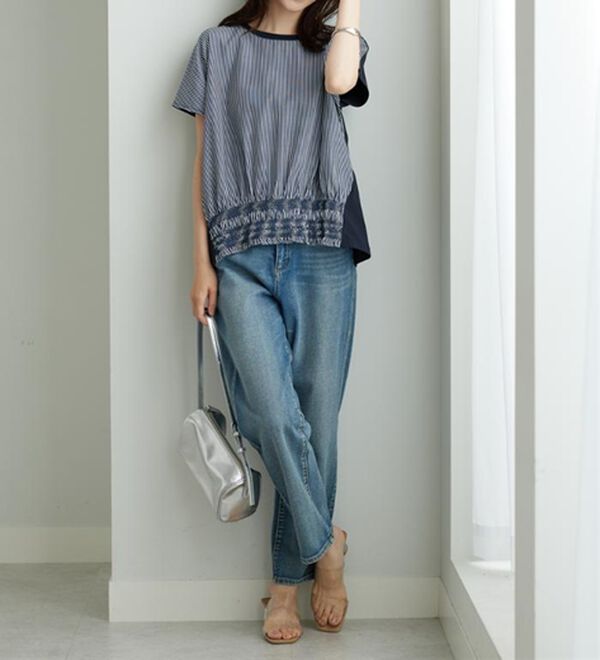 BELLUNA（ベルーナ）の「【ひんやり接触冷感】シャーリング使い異素材切替プルオーバー（カットソー）」｜詳細画像