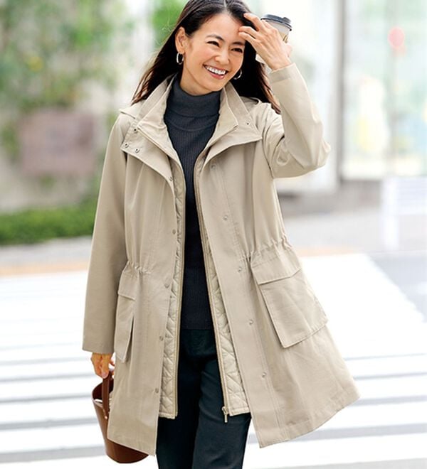 BELLUNA（ベルーナ）の「【２点セット】はっ水花粉対策！スプリングコート＋蓄熱中わたベスト２点セット（ハーフコート）」｜グレージュ