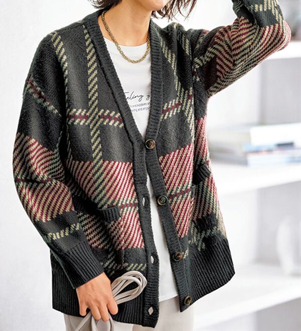 BELLUNA（ベルーナ）の「ビッグチェック柄ニットカーディガン（ニットカーディガン）」｜詳細画像