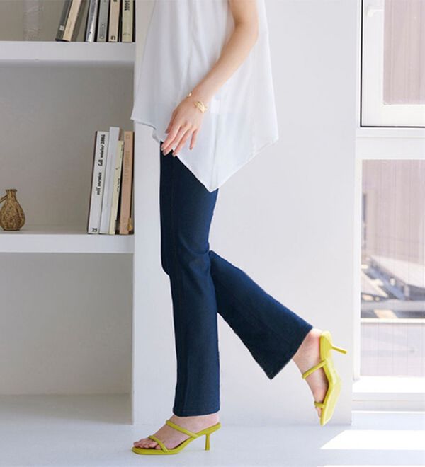 RANAN（ラナン）の「ひんやり！デニム調スリットパンツ（フルレングスパンツ）」｜デニム調ブルー