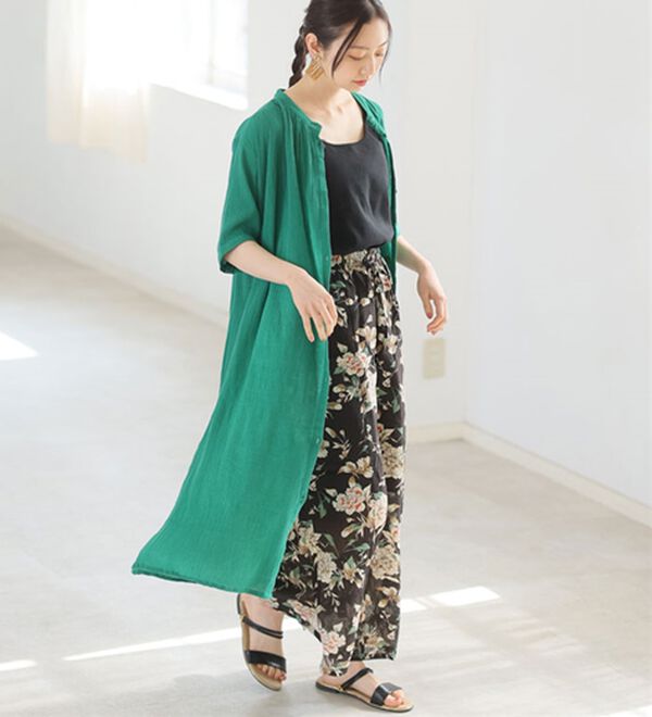 A HAPPY MARILYN（アハッピーマリリン）の「【Ｌ～６Ｌ】【風通るプレミアム】綿１００％ 楊柳 五分袖 ギャザーたっぷりワンピース（カットソーワンピース）」｜詳細画像