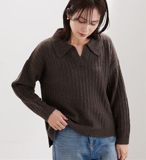 BELLUNA（ベルーナ）の「スキッパー衿編地変化ニットプルオーバー（ニット・セーター）」｜ブラウン