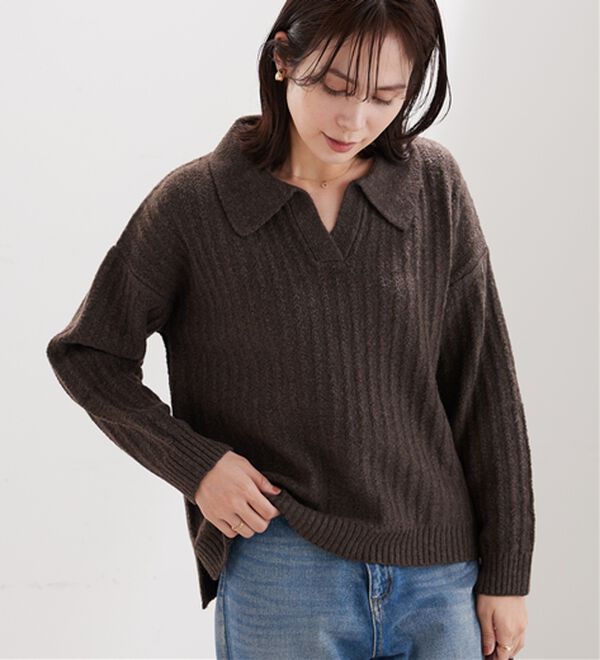 BELLUNA（ベルーナ）の「スキッパー衿編地変化ニットプルオーバー（ニット・セーター）」｜ブラウン