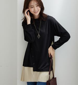 BELLUNA（ベルーナ）の「裾プリーツ切替ボタン使いチュニック（チュニック）」｜黒&times;ベージュ