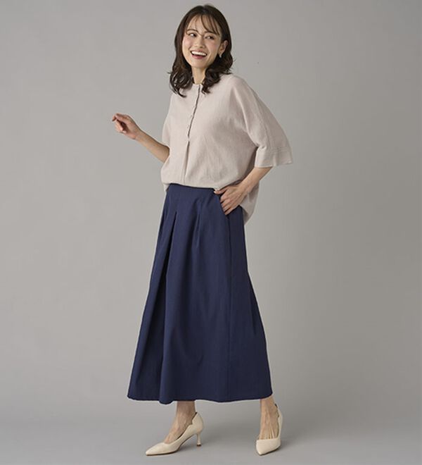 BELLUNA（ベルーナ）の「ひんやりスラブ調素材ガウチョパンツ（フルレングスパンツ）」｜詳細画像