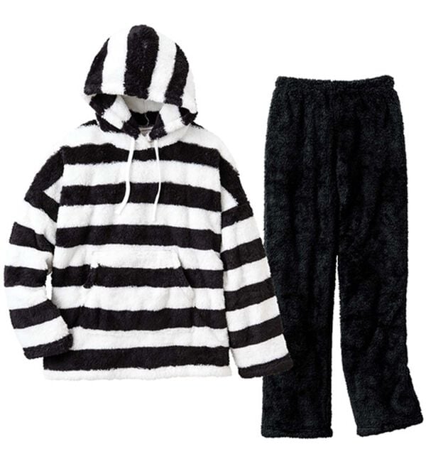 YU'NOW（ユナウ）の「【上下２点セット】ふんわりモコボアフリースパーカー＆パンツセット（パジャマ・ルームウェア）」｜ブラック系ボーダー
