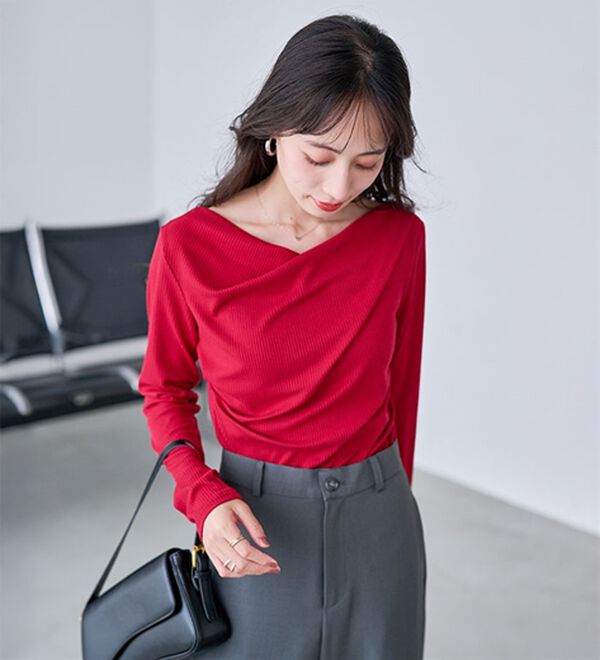 RANAN（ラナン）の「【春色追加】上品ドレープリブロングＴシャツ（カットソー）」｜詳細画像