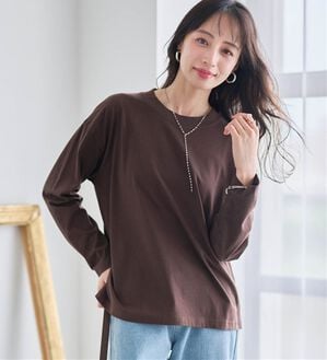 RANAN（ラナン）の「【選べる袖丈】ひんやり！＜BC＞綿100％プチハイネックＴシャツ（カットソー）」｜ダークブラウン（長袖）