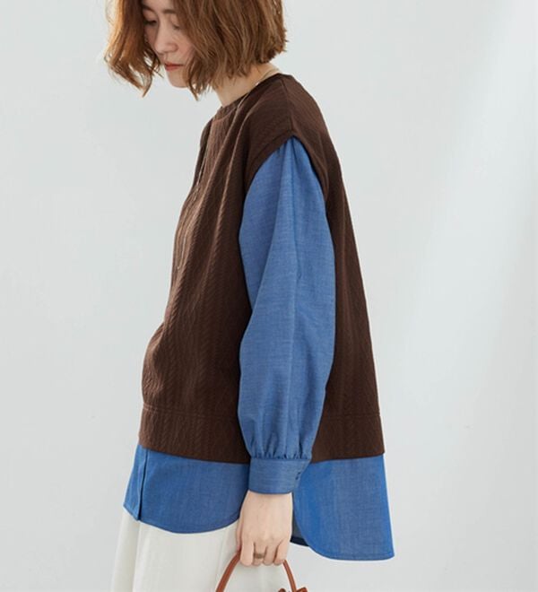 BELLUNA（ベルーナ）の「重ね着風ケーブル&times;デニム切替チュニック（チュニック）」｜詳細画像