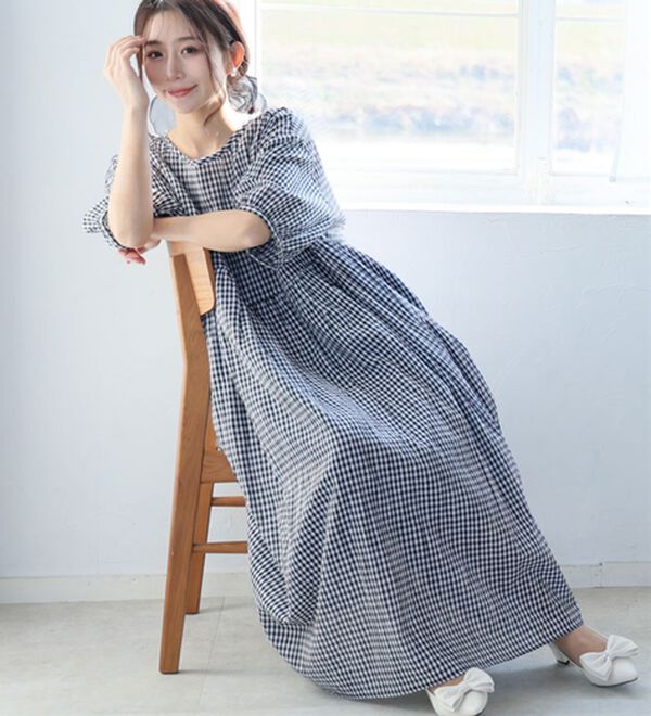 A HAPPY MARILYN（アハッピーマリリン）の「【Ｌ～６Ｌ】【風通るプレミアム】綿　楊柳　五分袖　ウエスト切替ワンピース（カットソーワンピース）」｜詳細画像