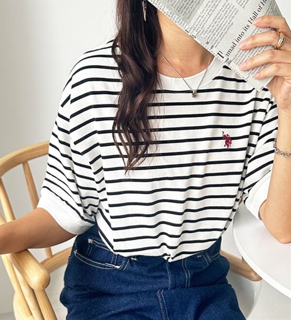 GeeRA（ジーラ）の「【ＵＳ．ＰＯＬＯ．ＡＳＳＮ】ライン配色Ｔシャツ（Tシャツ）」｜白系ボーダー