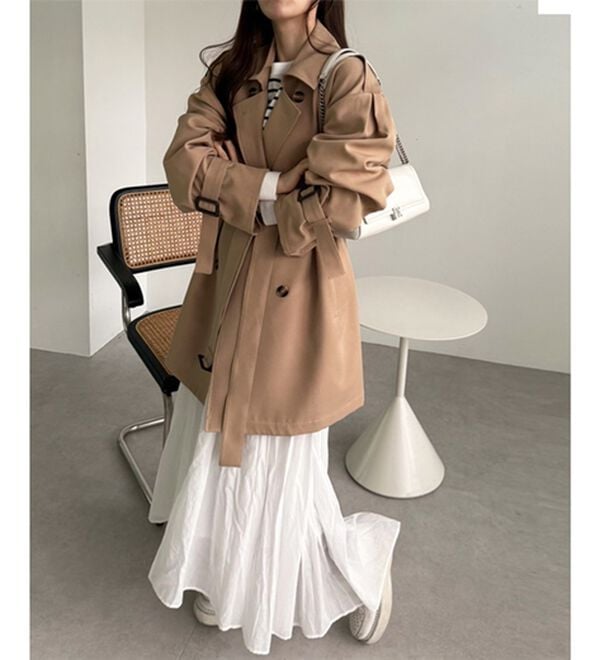 Aライン カットソー ミディアム丈 高級 トレンチコート