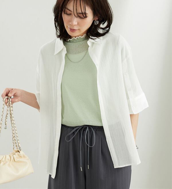 BELLUNA（ベルーナ）の「シアー素材重ね着風フリル衿プルオーバー（カットソー）」｜詳細画像