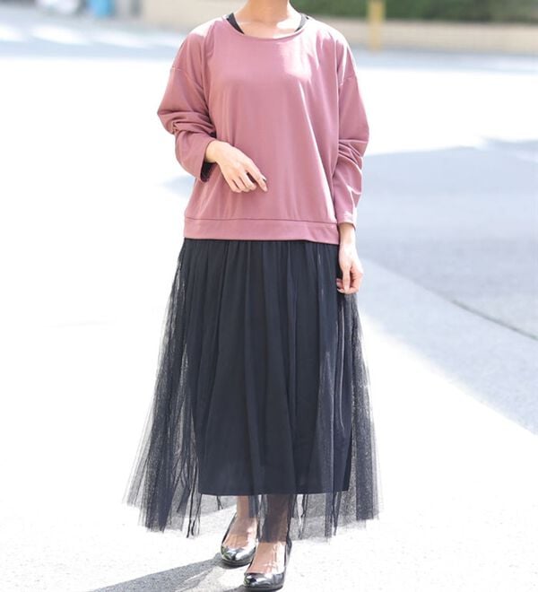 A HAPPY MARILYN（アハッピーマリリン）の「【Ｌ～６Ｌ】ゆるっと着られるチュールスカートドッキングワンピース（ドッキングワンピース）」｜詳細画像