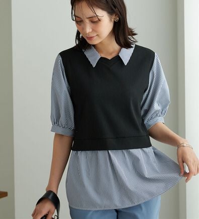 BELLUNA（ベルーナ）の「衿付きVネック異素材切替チュニック（チュニック）」