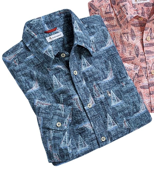 「＜ハッシュパピー＞総柄リップル７分袖シャツ（メンズシャツ）」｜ネイビー