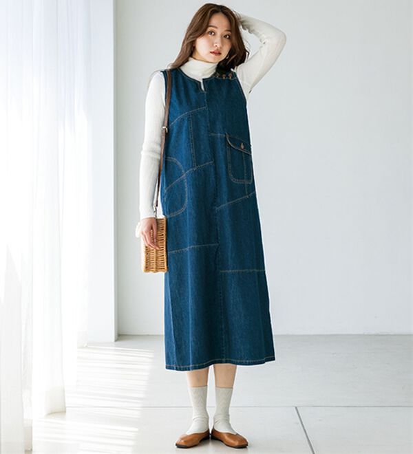 BELLUNA（ベルーナ）の「ナチュラル可愛い♪ポケット付デニムジャンスカ（ジャンパースカート）」｜詳細画像