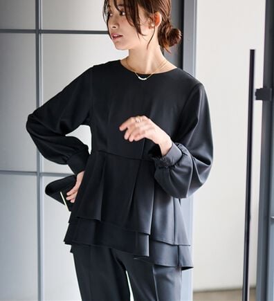 RANAN（ラナン）の「【２点セット】洗える！バックパール調ペプラムチュニックセットアップ（パンツスーツ）」