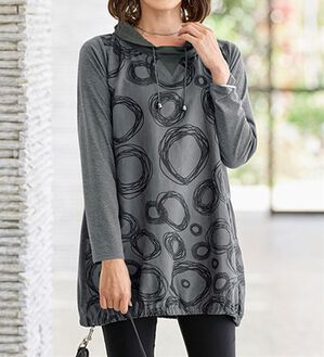 BELLUNA（ベルーナ）の「異素材切替プリントチュニック（チュニック）」｜チャコール系