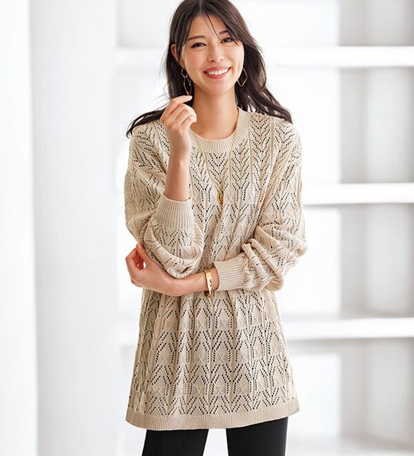 幾何柄透かし編ニットチュニック - ベルーナ【公式】