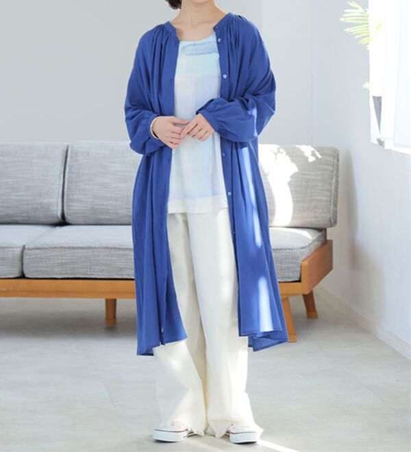 A HAPPY MARILYN（アハッピーマリリン）の「【Ｌ～６Ｌ】【風通るプレミアム】袖丈（七分・長袖）が選べる　綿１００％　楊柳　シャツチュニック（チュニック）」｜ロイヤルブルー