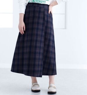 BELLUNA（ベルーナ）の「ウール調素材ラップ風スカート（ロングスカート）」｜ネイビー系チェック