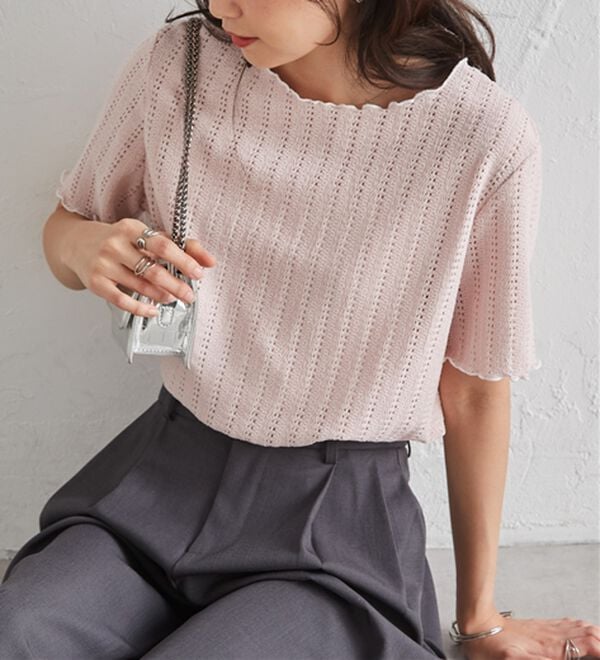 RANAN（ラナン）の「インせず着られる！透かし柄メロー配色Ｔシャツ（カットソー）」｜詳細画像