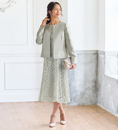 BELLUNA（ベルーナ）の「シャンタン素材ノーカラージャケットレースワンピースアンサンブル（ワンピースセットスーツ）」