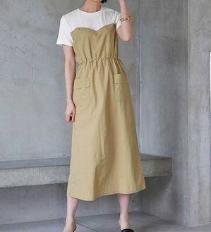 RANAN（ラナン）の「ワークデザインドッキングワンピース（ドッキングワンピース）」｜オフホワイト／ベージュ