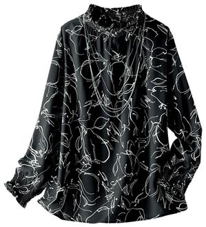 BELLUNA（ベルーナ）の「洋ナシ風プリントシャーリング使いブラウス（ブラウス）」｜黒